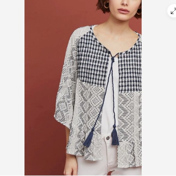 Anthropologie Akemi + Kin Gingham Eyelet Lace Gingham Kimono Boho Cape One Size - Picture 2 of 9